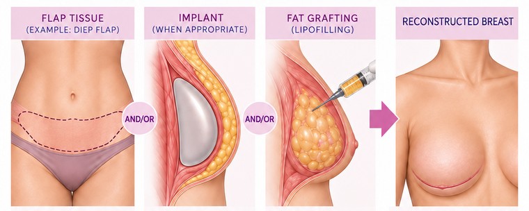 Flap tissue, an implant and fat grafting shown side by side, joined by and/or, leading to a reconstructed breast