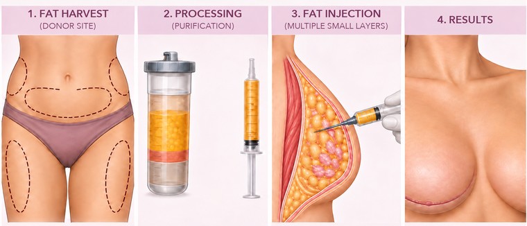 Four stages: fat harvest from the abdomen and thighs, purification in a canister, injection into the breast, and the final result