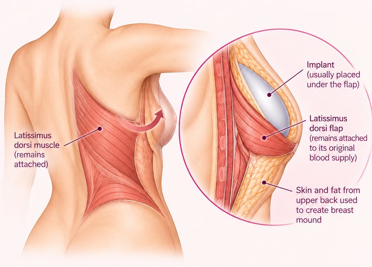 The latissimus dorsi muscle on the upper back, still attached, beside a cutaway showing the flap brought round to the chest with its original blood supply intact and an implant placed behind it