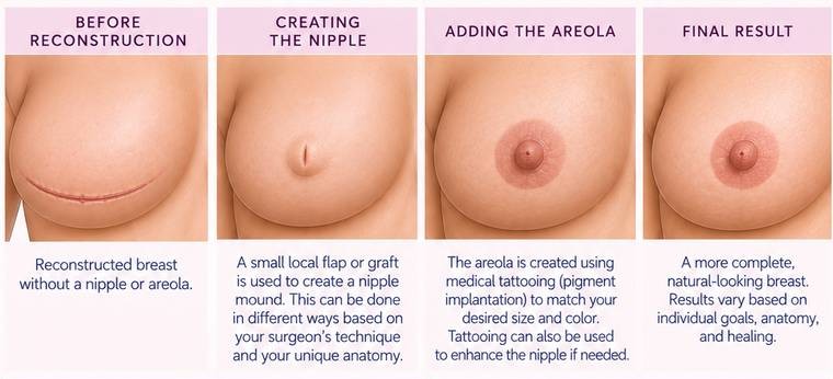 Four stages: the reconstructed breast without a nipple, the nipple mound created, the areola added by tattooing, and the final result