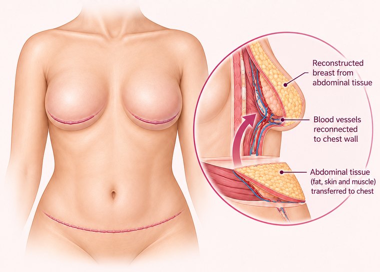 Reconstructed breasts with a low abdominal scar, beside a cutaway showing abdominal skin, fat and muscle detached and moved to the chest with its blood vessels reconnected to the chest wall