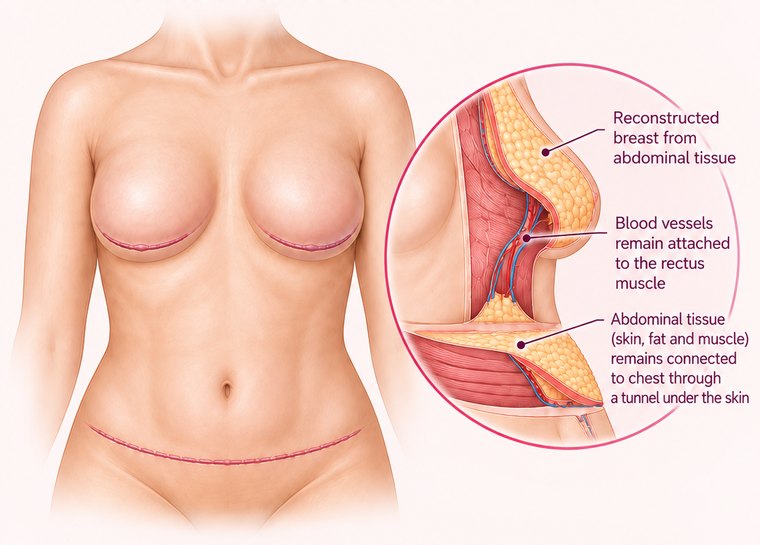 Reconstructed breasts with a low abdominal scar, beside a cutaway showing abdominal skin, fat and muscle still attached to its own blood supply and tunneled under the skin up to the chest
